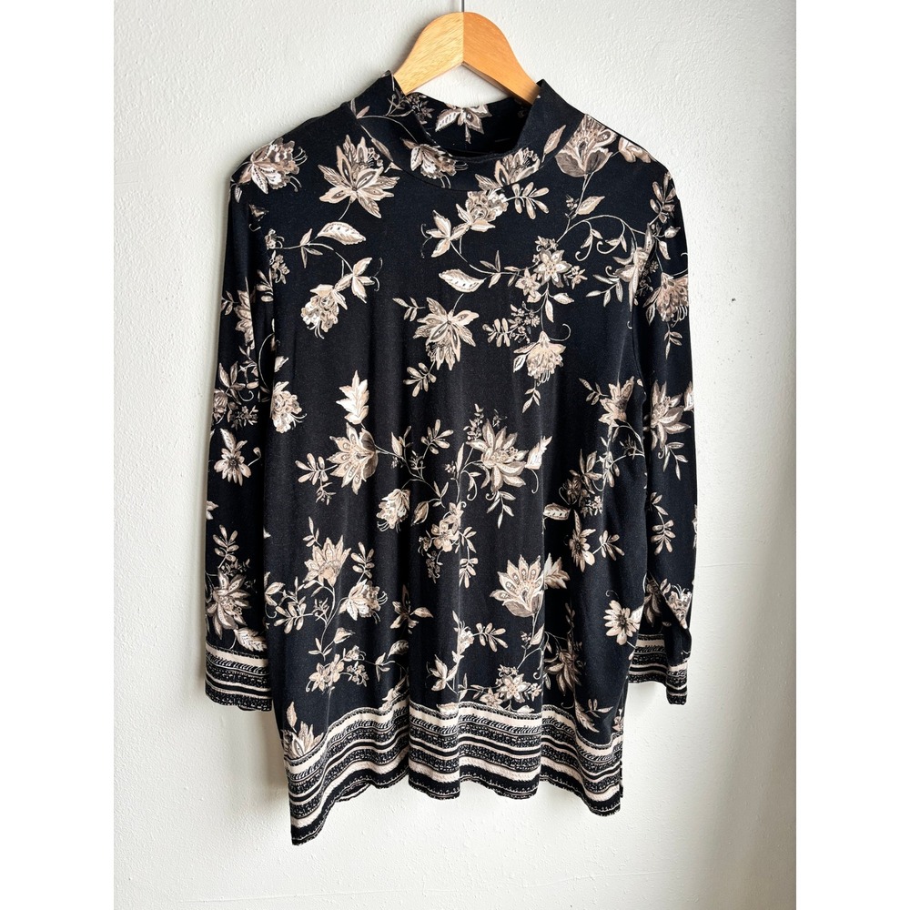 Susan Graver Weekend Women XL Black Floral Mock Neck Long Sleeve Top Tunic Modal